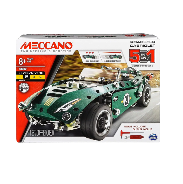 NEW - Meccano 5 in 1 Roadster Pull Back Car Building Kit