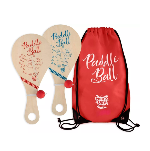 NEW - Retro Wooden Paddle Ball (Set of 2) with Red Carry Bag