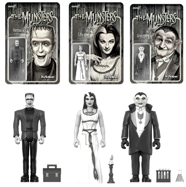 NEW Super7 - THE MUNSTERS B&W: Action Figures Herman, Lily & Grandpa (Set of 3)