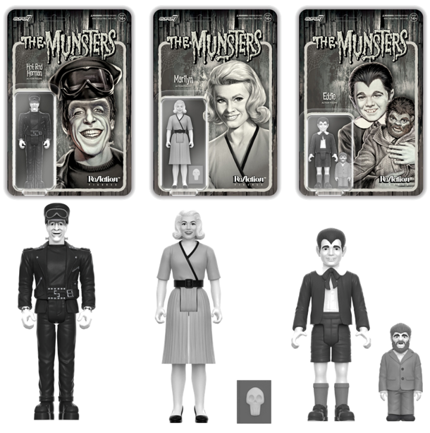 NEW Super7 - THE MUNSTERS B&W: Action Figures Hot Rod Herman, Marilyn & Eddy Munster (Set of 3)